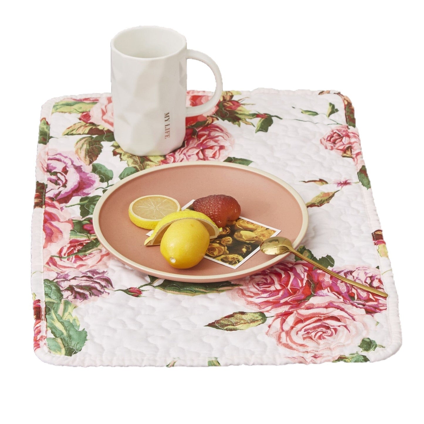 DaDa Bedding Set of 4-Pieces Romantic Roses Pink Floral Quilted Dining Placemats 13” x 19” (879)-1