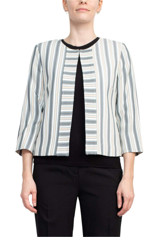 Tahari ASL Crew Neck 3/4 Sleeve Hook & Eye Stripe Print Twill Jacket-0