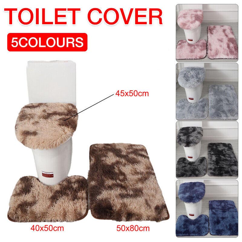 Antislip Washable 3Pc Bathroom Mat Set Fluffy Toilet Cover Pedestal Rug Bath Mat-0