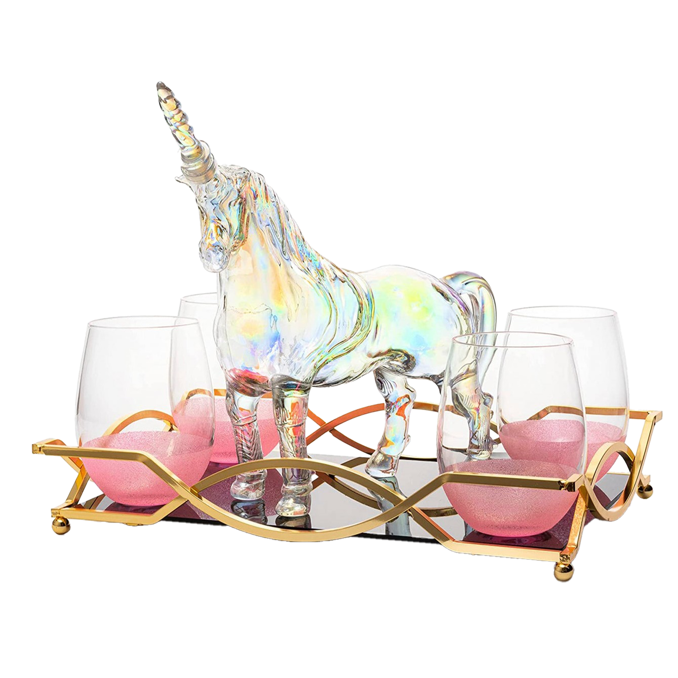 Iridescent Unicorn Wine Whiskey Decanter Set 750ml With 4 Pink Sparkle Glasses for Wine, Whiskey, Scotch, Tequila or Any Drink by The Wine Savant - Unicorn Gifts, Unicorn Lovers, 14" L, 10" W, 11" H-0