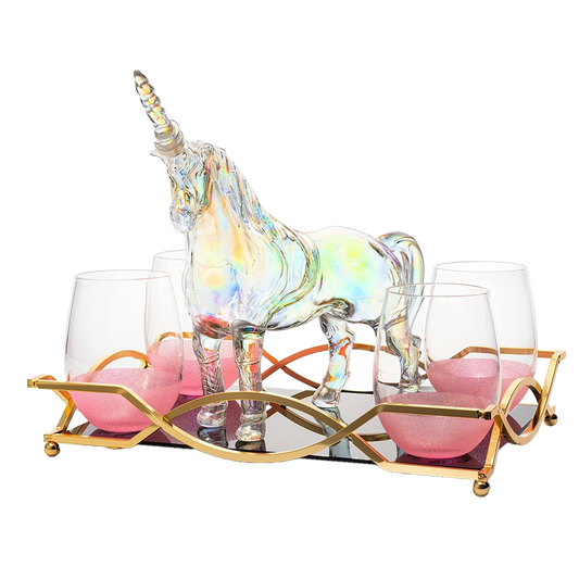 Iridescent Unicorn Wine Whiskey Decanter Set 750ml With 4 Pink Sparkle Glasses for Wine, Whiskey, Scotch, Tequila or Any Drink by The Wine Savant - Unicorn Gifts, Unicorn Lovers, 14" L, 10" W, 11" H-0