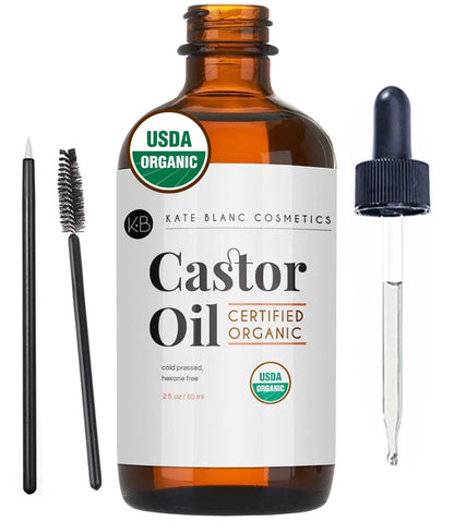 Kate Blanc Cosmetics Castor Oil Organic (2oz) 100% Pure Cold Pressed Hexane Free. Stimulate Growth for Hair Eyelashes Eyebrows. Hair Treatment Starter Kit & Skin Moisturizer