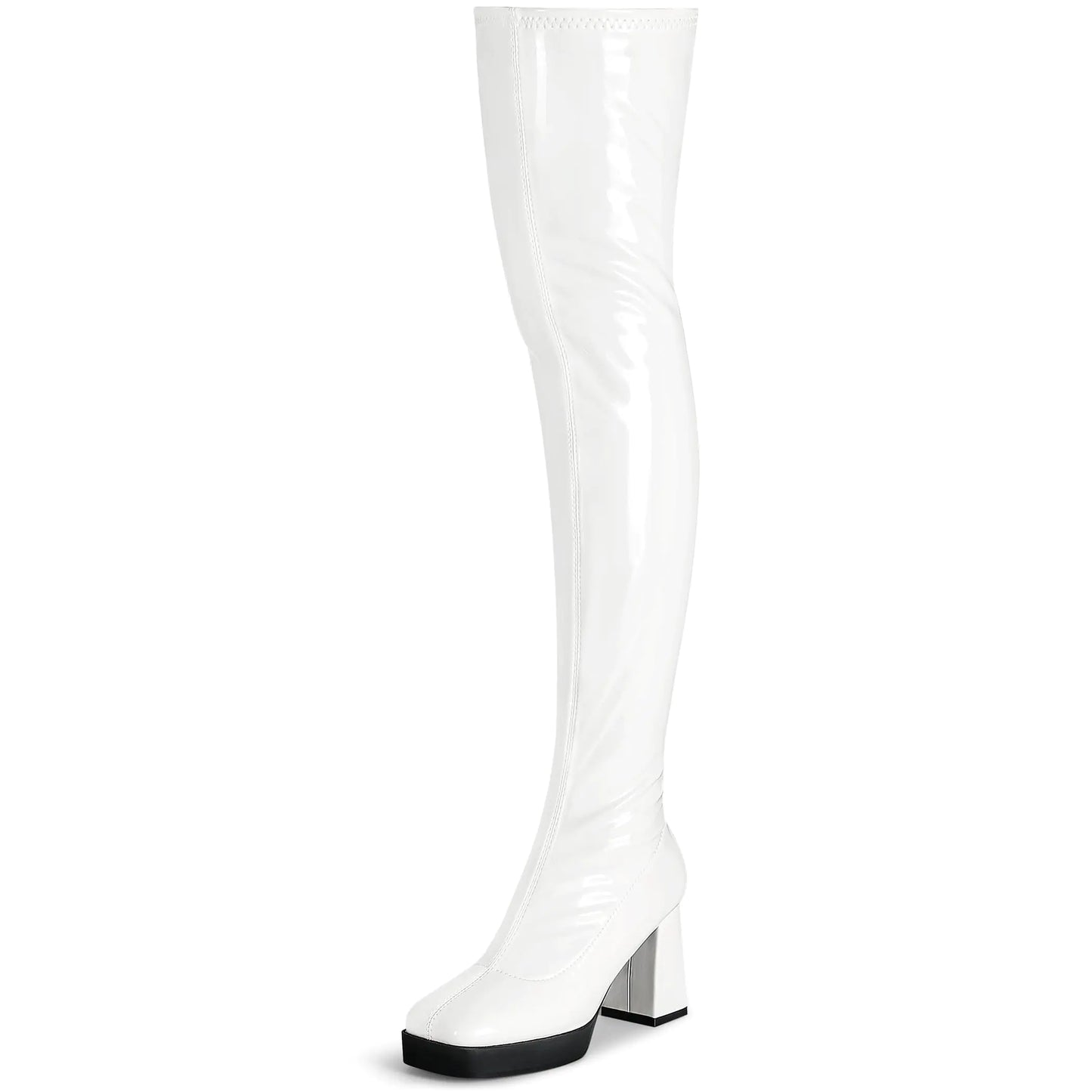 KHPAERMEI White Thigh High Boots Women Over The Knee Boots for Women Platform Patent Leather PU Knee High Boots Square Toe GoGo Chunky Heel Boots