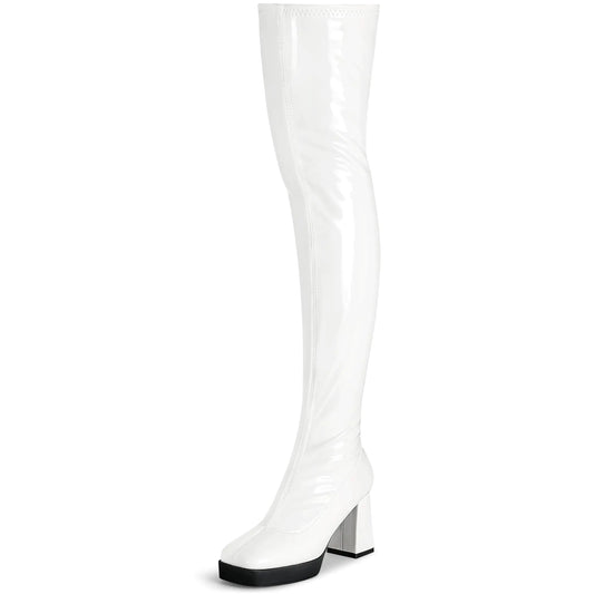 KHPAERMEI White Thigh High Boots Women Over The Knee Boots for Women Platform Patent Leather PU Knee High Boots Square Toe GoGo Chunky Heel Boots