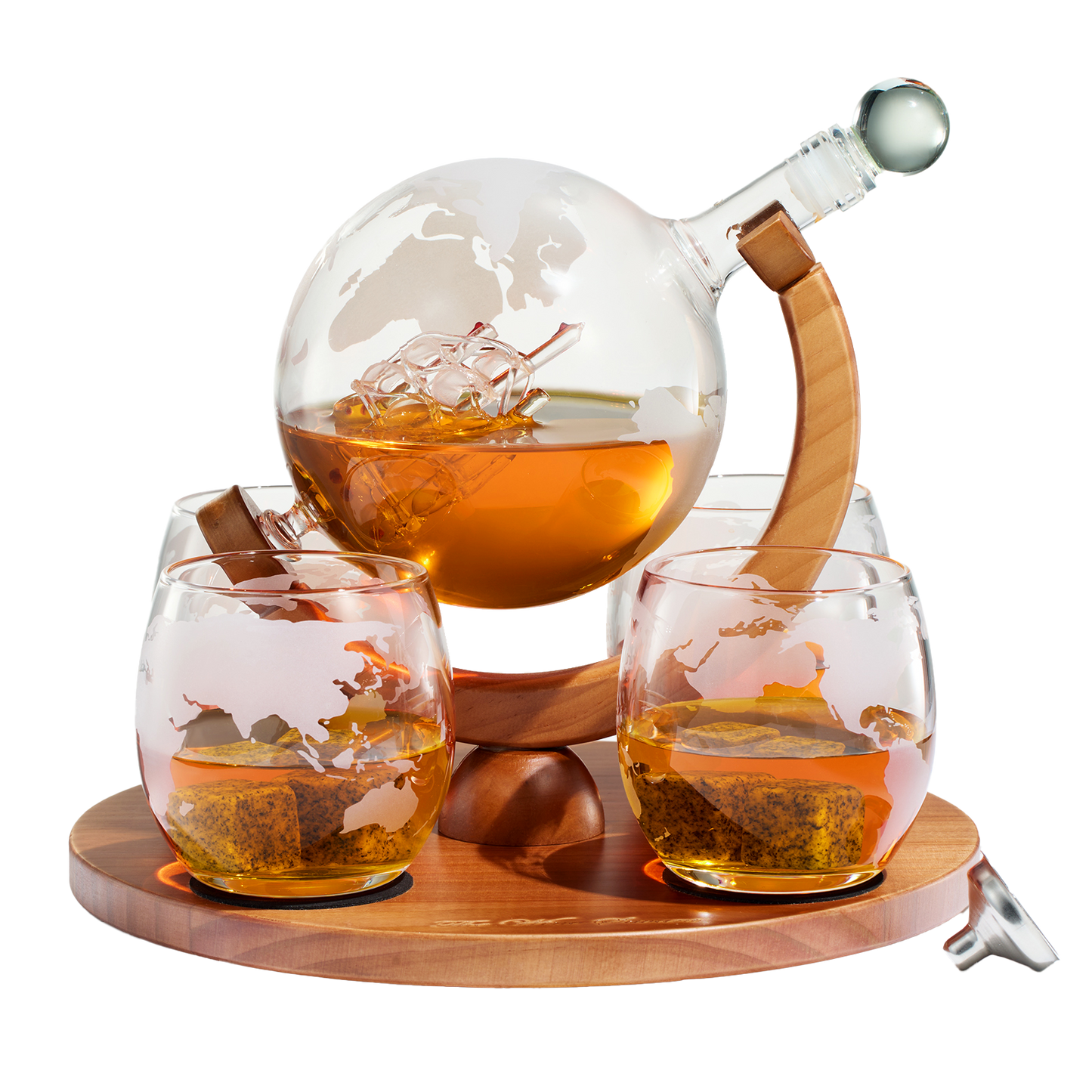 Etched World Decanter whiskey Globe - The Wine Savant Whiskey Gift Set Globe Decanter 750 ml with Antique Ship, Whiskey Stones and 4 World Map 10oz Glasses, Great Gift - Alcohol Related Gift, HOME BAR-0