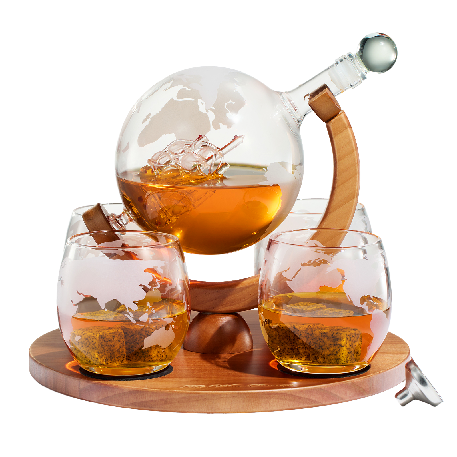 Etched World Decanter whiskey Globe - The Wine Savant Whiskey Gift Set Globe Decanter 750 ml with Antique Ship, Whiskey Stones and 4 World Map 10oz Glasses, Great Gift - Alcohol Related Gift, HOME BAR-0