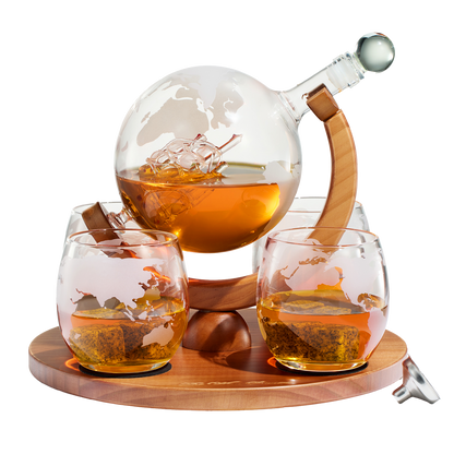 Etched World Decanter whiskey Globe - The Wine Savant Whiskey Gift Set Globe Decanter 750 ml with Antique Ship, Whiskey Stones and 4 World Map 10oz Glasses, Great Gift - Alcohol Related Gift, HOME BAR-0