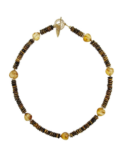 Brown Tiger-eye With Heart Shaped Citrine Short Necklace PN052-1