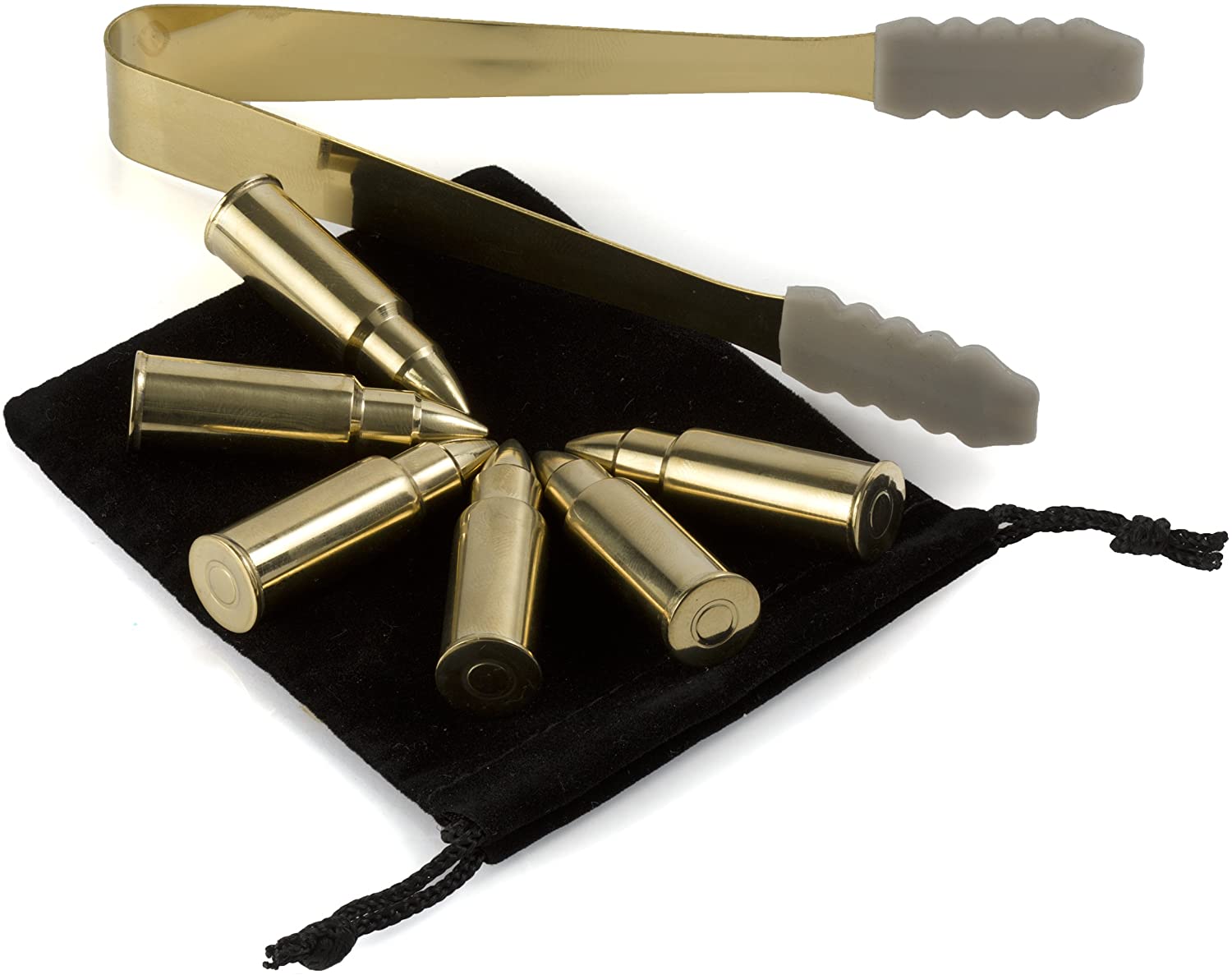 Bullet Whiskey Chillers Stones - 1.75in Whiskey Rocks by The Wine Savant Set of 6 - Stainless Steel Bullet Shaped Ice Cubes, Gift Box Come, Tongs and Storage Bag, Whiskey or Scotch Rocks (Gold)-4