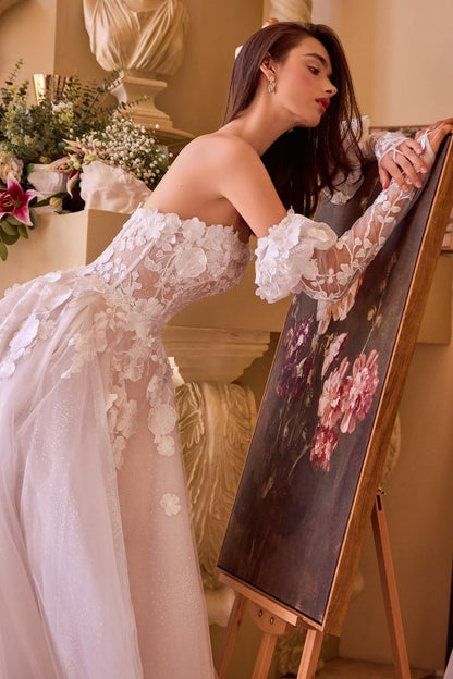 Floral Applique Adorned Strapless Wedding Gown-2