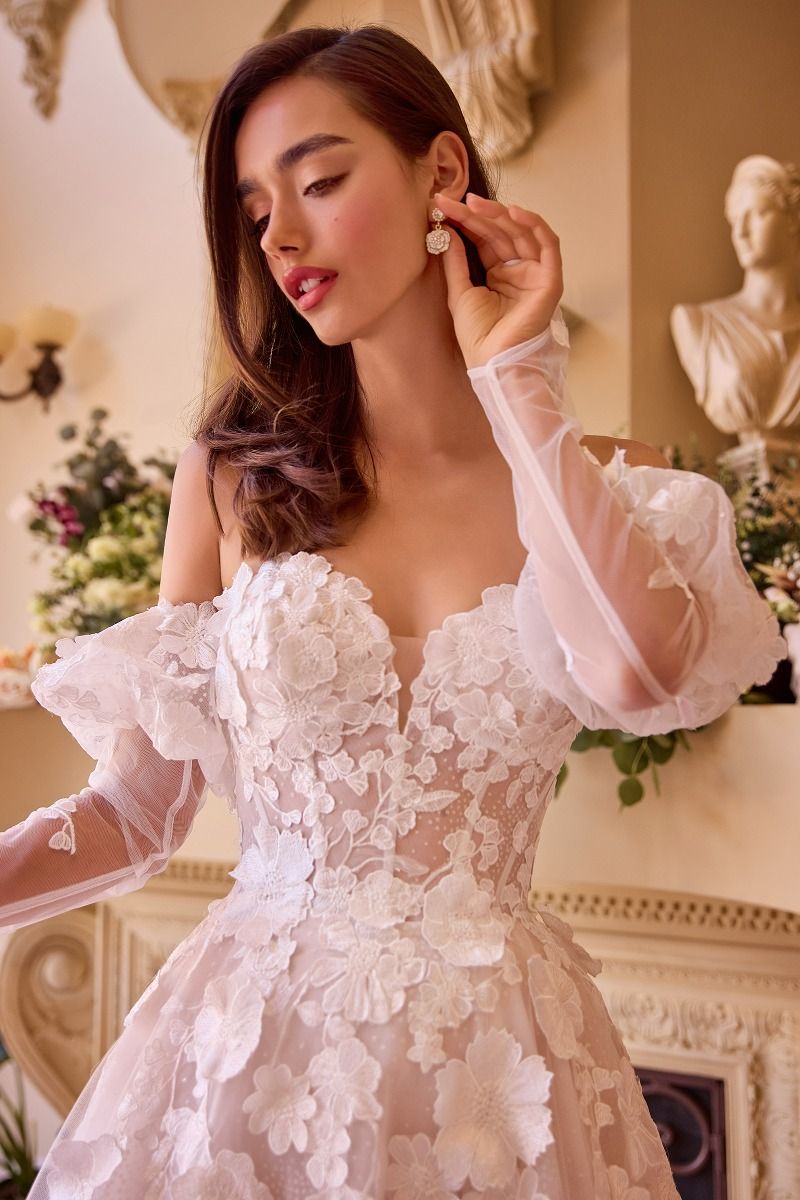 Floral Applique Adorned Strapless Wedding Gown-3