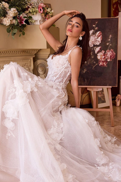 Intricate Floral Applique A-Line Tulle Wedding Dress-2