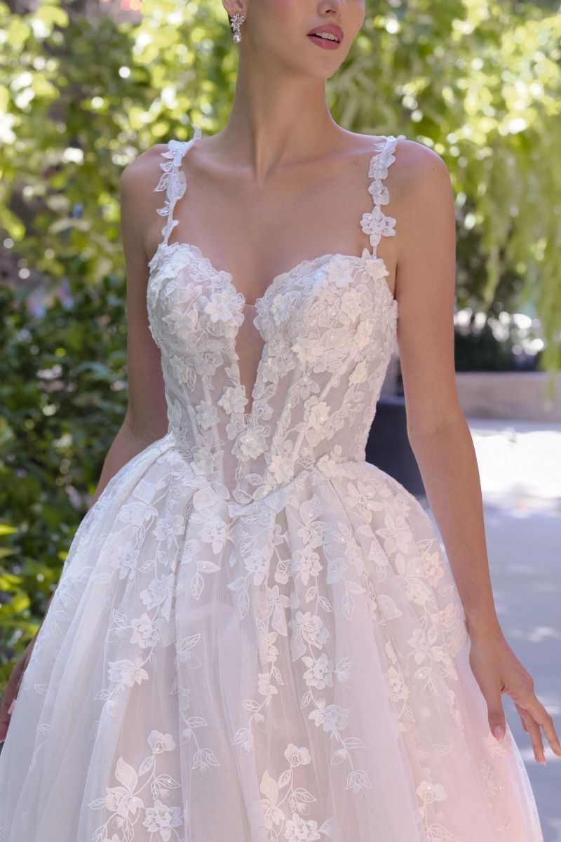 Ball Gown Wedding Dress Illusion Neckline, Delicate Floral Appliqué Straps, And A Corset Bodice With Dimensional Lace.-1