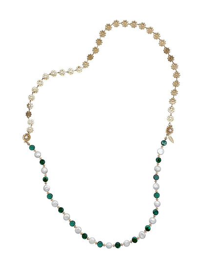Coin Shaped Malachite And Freshwater Pearls With Flower Chain Versatile Necklace PN059-0