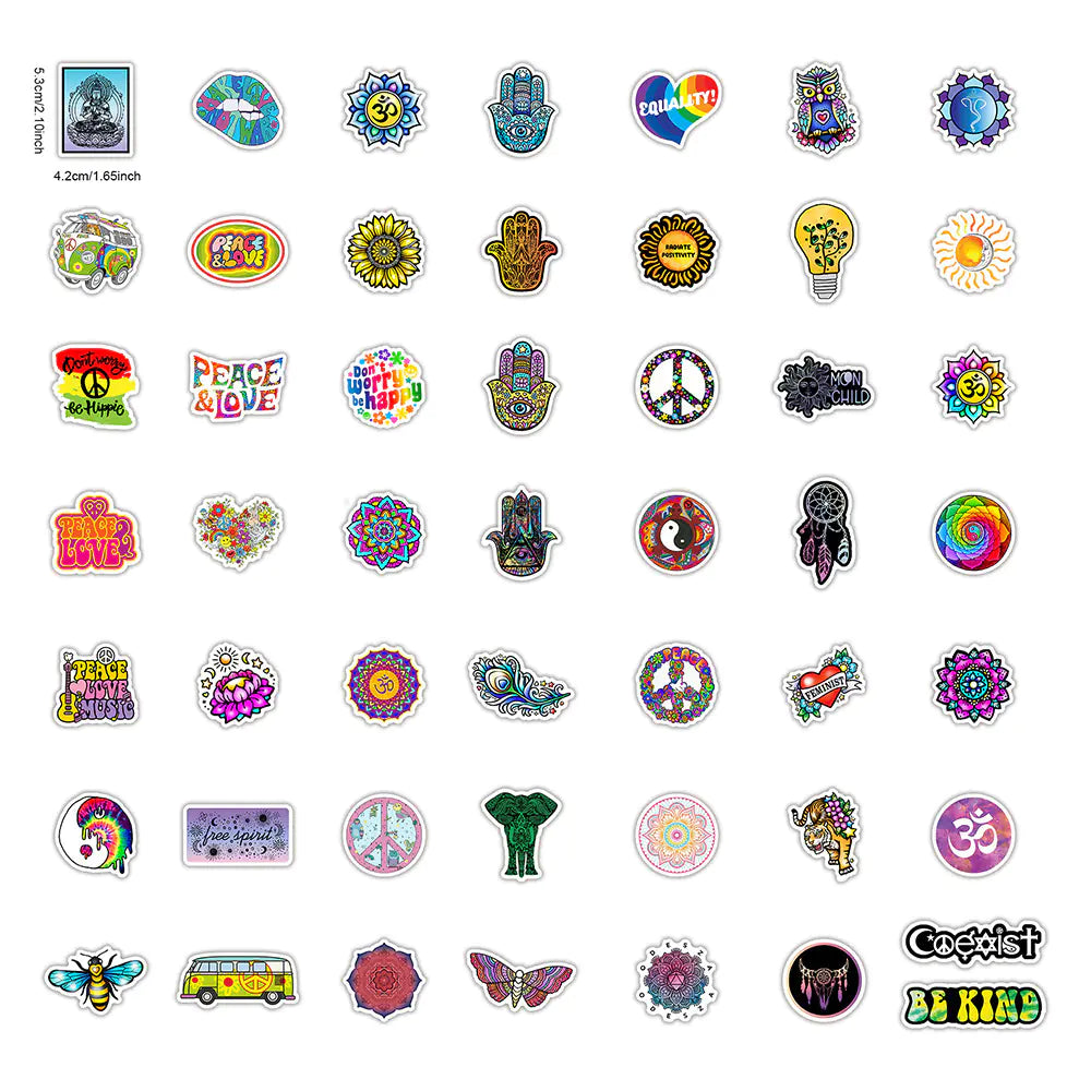 50 Retro Hippie Love and Peace Waterproof Stickers