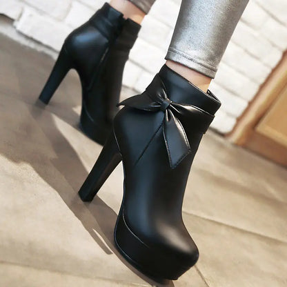 Bow Short Boots, Bow High Heels, Chunky Heeled Boots